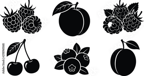 Fresh Berries and Fruit Icons Set Vector Illustration Featuring Blackberry Raspberry Blueberry Cherry Peach and Plum