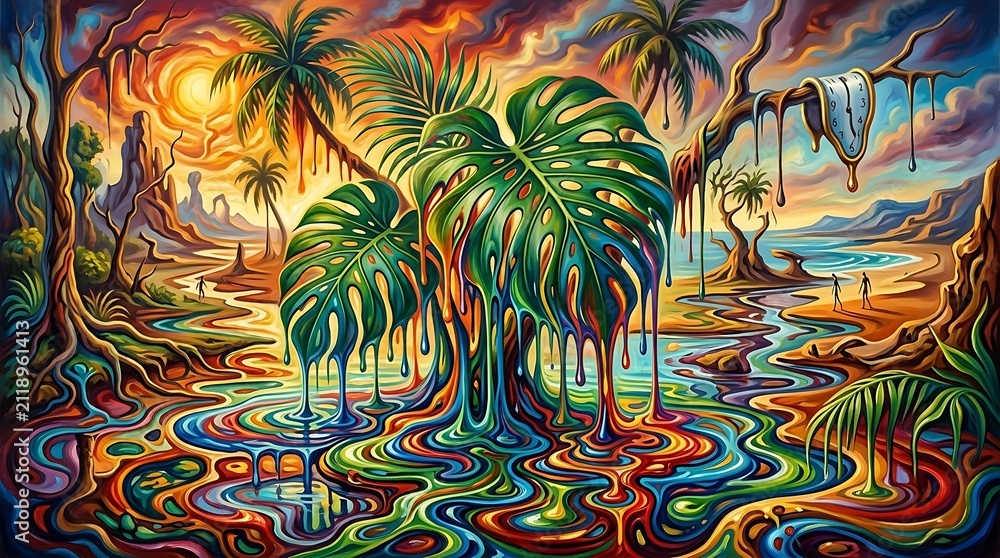 Obraz premium Surreal Tropical Landscape with Melting Colors and Vibrant Jungle Foliage