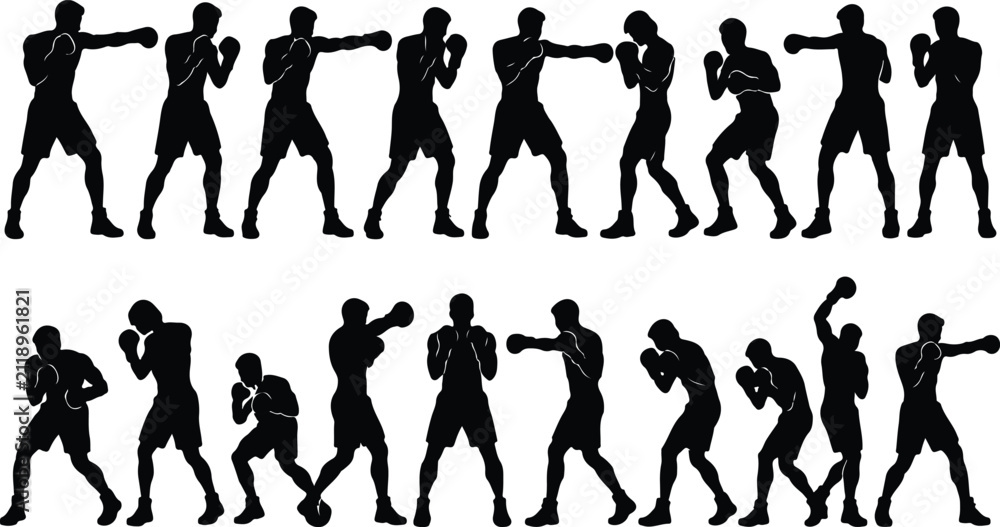 Foto Boxing Silhouette Set, Boxer Fighting Poses, Black Vector Collection