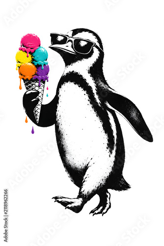 Lässiger Pinguin mit Sonnenbrille und buntem Eis in der Waffel. Kontrastreiche Illustration mit Schwarzweiß-Motiv, leuchtenden Farben und modernem Pop-Art-Stil.