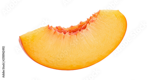 Single peach slice isolated on transparent background for fruit salad and dessert design.