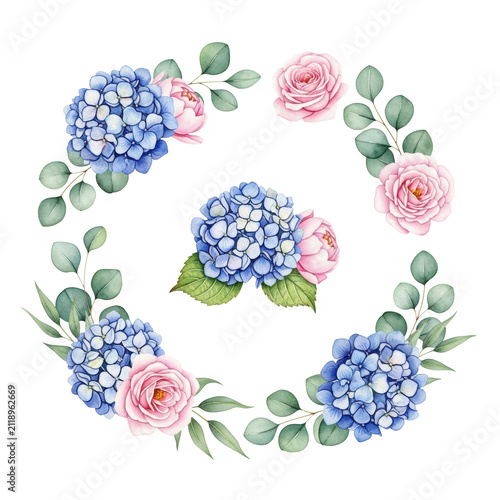 Ultra-photorealistic flat lay of luxurious hand-painted watercolor botanical elements: deep blue hydrangeas, blush roses, and green eucalyptus, isolated on transparent. Concept for luxury graphic