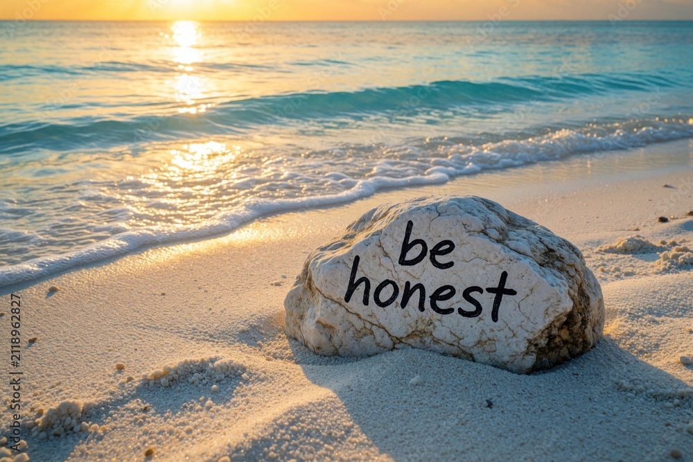 Fototapeta premium Stone with text be honest rests on sandy beach. Calm ocean waves lap the shore at golden hour sunset. Serene seaside view inspires truth and integrity. Peaceful tropical vacation scene.