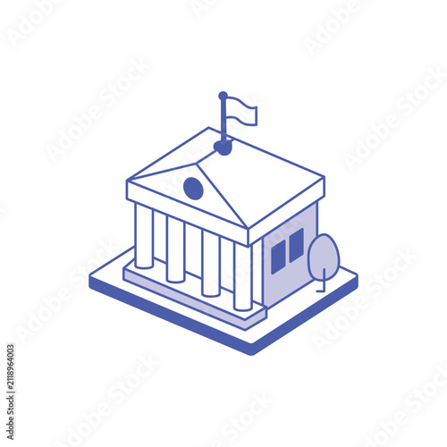 Isometric neoclassical government building with columns and flag