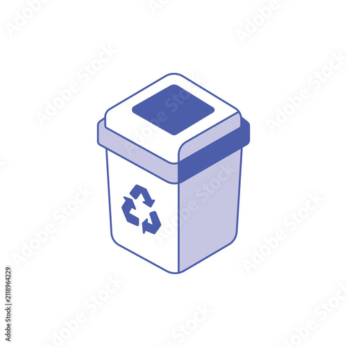 Isometric blue recycling bin with lid and symbol