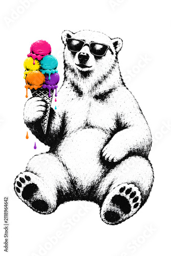 Lässiger Eisbär mit Sonnenbrille und buntem Eis in der Waffel. Kontrastreiche Illustration mit Schwarzweiß-Motiv und leuchtenden Farben für einen modernen Pop-Art-Look.