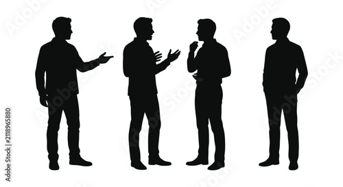 Four businessmen silhouettes communicate and interact in conversation.