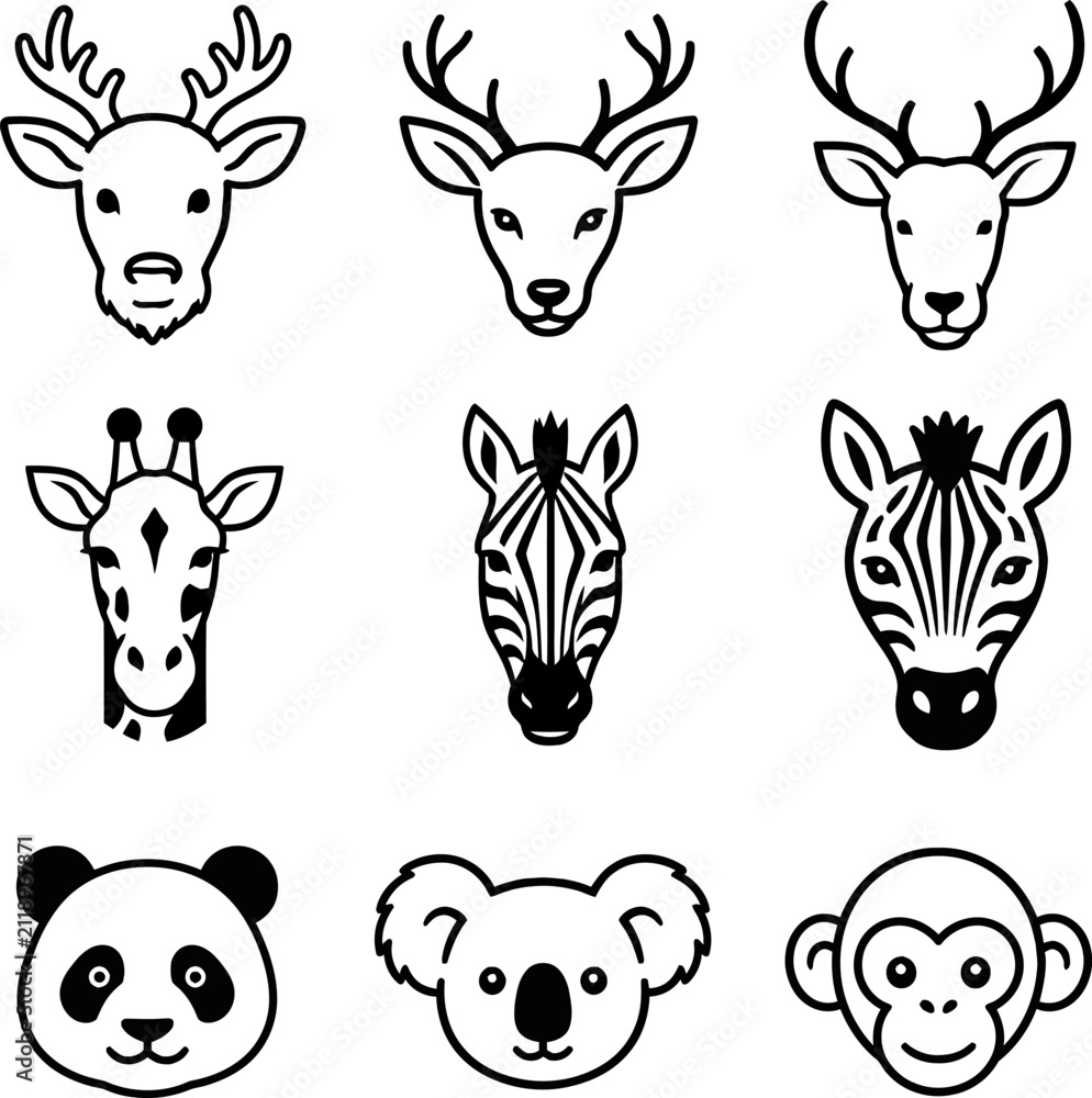 Obraz premium 9 Wild Animal Face Icons Set – Deer, Giraffe, Zebra, Panda, Koala and Monkey Editable Vector Collection