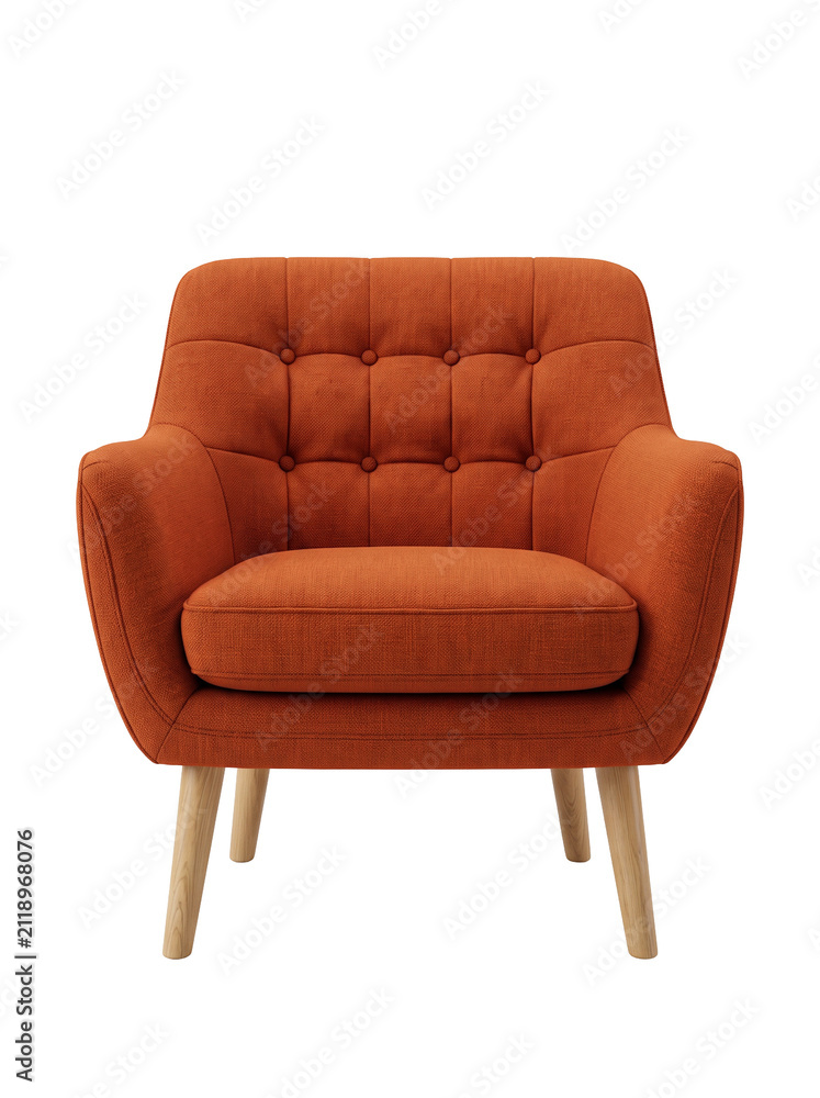 Fototapeta premium Modern orange fabric armchair with tufted backrest and wooden legs isolated on transparent background, PNG
