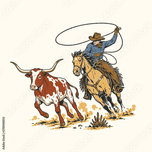 Foto Vintage western cowboy riding horse and throwing lasso at longhorn bull, retro g