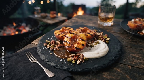 Grilled peach dessert halves with creamy mascarpone, toasted pecans and caramel sauce on rustic stone platter outdoors at dusk with warm glowing charcoal fire pit background for fine dining concept
