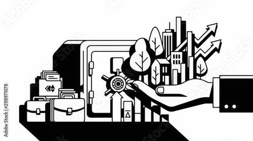 A hand opens a safe releasing a growing cityscape with ascending arrows