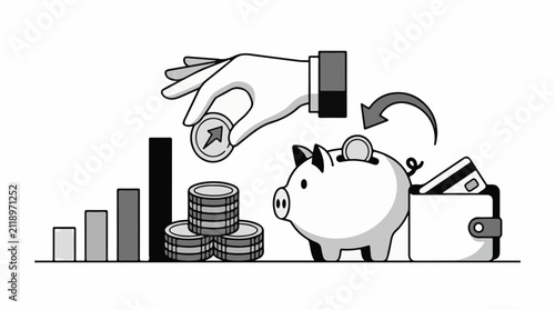A hand deposits a coin into a piggy bank next to coins and wallet