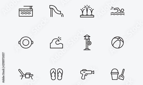 Water park line editable icon set. Containing pool, playground, swimming, recreation, aquatic, water activity