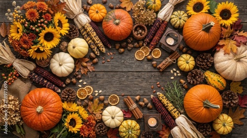 Halloween autumn harvest pumpkins and flowers on wooden table
