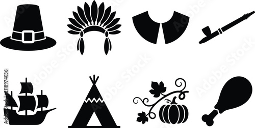 Obraz na płótnie Thanksgiving history silhouette icon set featuring pilgrim hat native american h