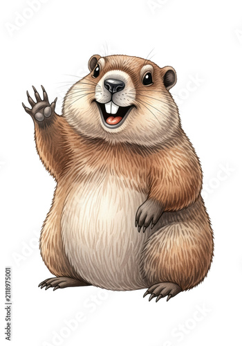 Watercolor illustration of a cheerful north american groundhog with textured brown fur, sitting and waving on a seamless transparent background. concept for commercial character design