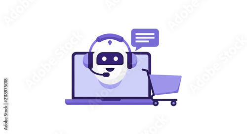 AI Chatbot Customer Support Assistant for E-commerce Illustration. Friendly robot with headset on laptop screen with shopping cart for online help.