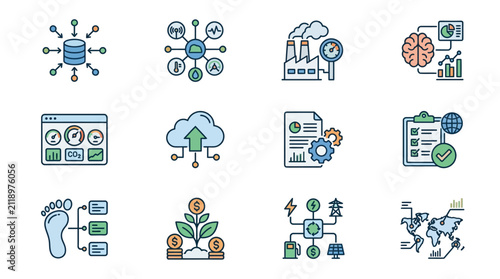 Creative Colorful Icons Set Illustrating Modern Technology Sustainability and Data Analytics Concepts