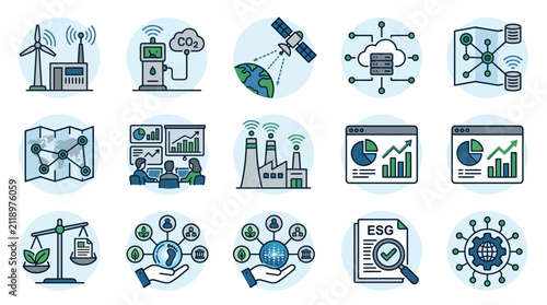 Clean Illustrated Icons Set Showcasing Sustainable Energy Data Analytics ESG Compliance and Corporate Responsibility