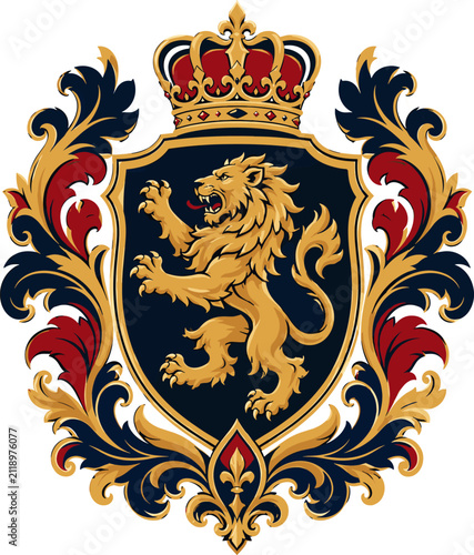 Lion Crest with Crown and Ornate Border in Gold, Red, and Blue Colors, Heraldic Emblem, Vintage Coat of Arms