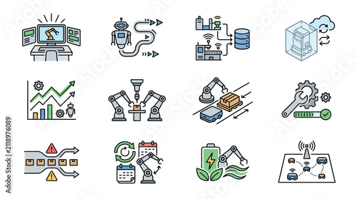 Dynamic Illustrations of Modern Industrial Automation Robotics and Smart Technology Concepts with high quality professional line art symbols for modern creative design and digital branding projects
