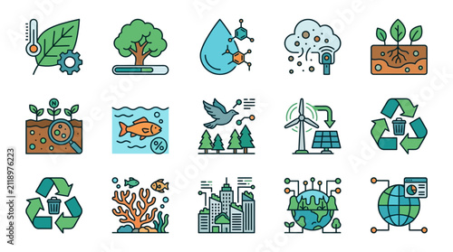 Dynamic Colorful Illustrated Icons Set Featuring Environmental Sustainability Renewable Energy and Nature Conservation