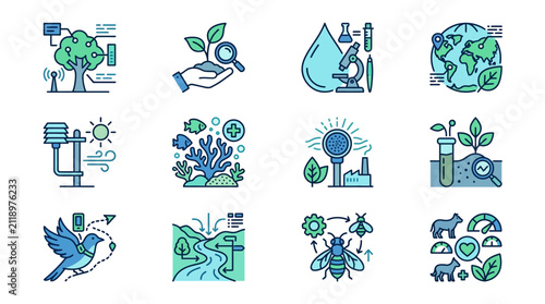 Professional Icons Set Featuring Green and Blue Themed Environmental Science Technology and Nature Concepts