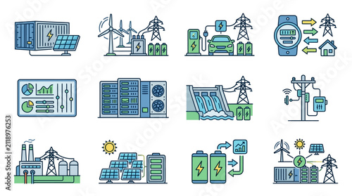 Modern Smart Energy Grid and Renewable Power Solutions Illustrated with Wind Solar Storage and Grid Management