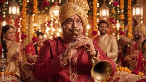 Indian groom's father plays Shehnai at traditional wedding ceremony, joyful celebration.