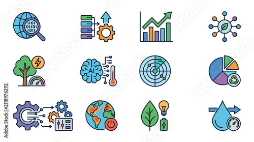 Dynamic Illustrated Icons Showcasing Technology Sustainability Analytics and Innovation Concepts
