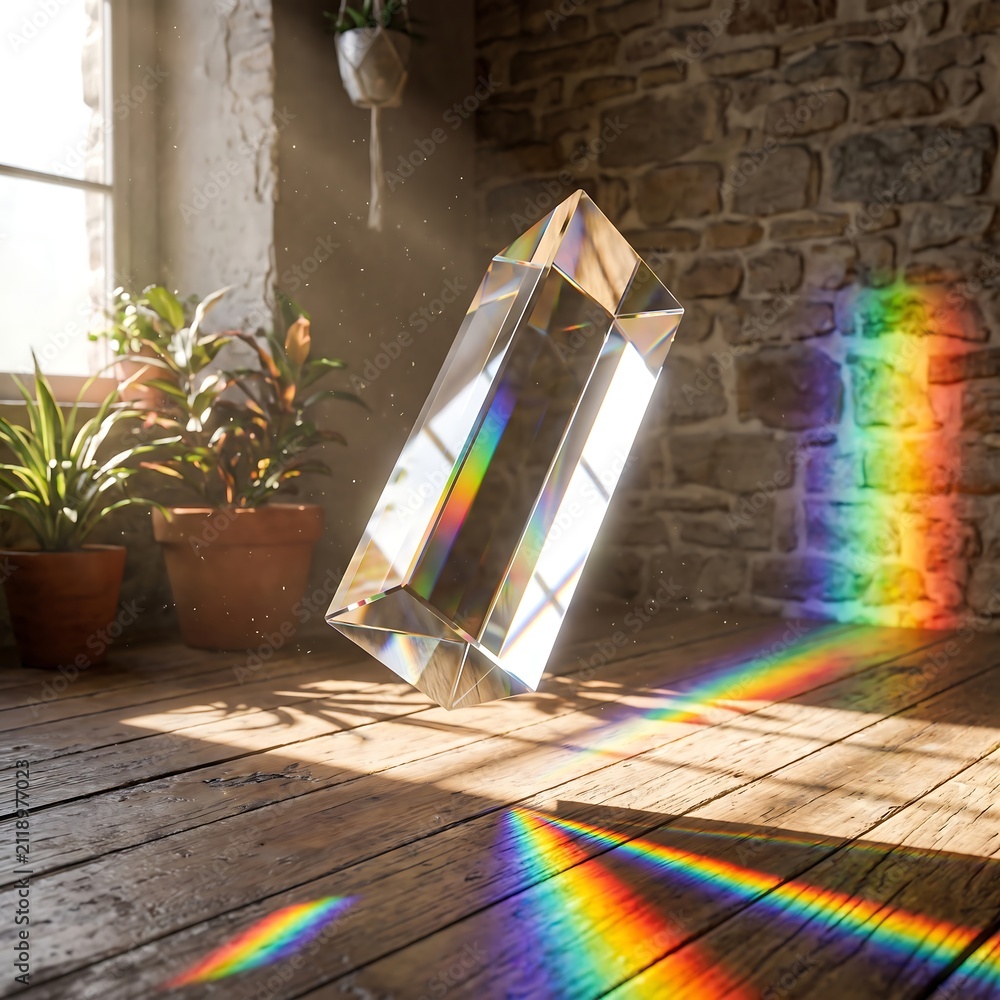 Fototapeta premium Hanging crystal prism catching sunlight and casting colorful rainbows on a rustic wooden floor in an old stone room