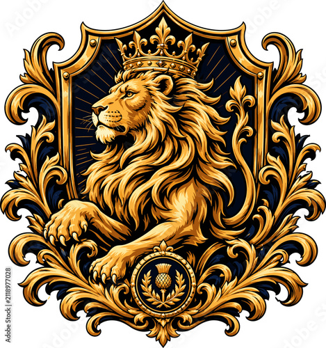 Golden Lion Crest with Ornate Detailing and Royal Crown Illustration for Heraldic Emblem Design Featuring Vector, Symbol, Regal with Majestic