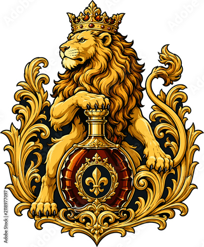 Golden Lion with Crown and Fleur-De-Lis Emblem in Ornate Heraldic Design Featuring Royal, Regal, Intricate with Detailed and Illustration Elements