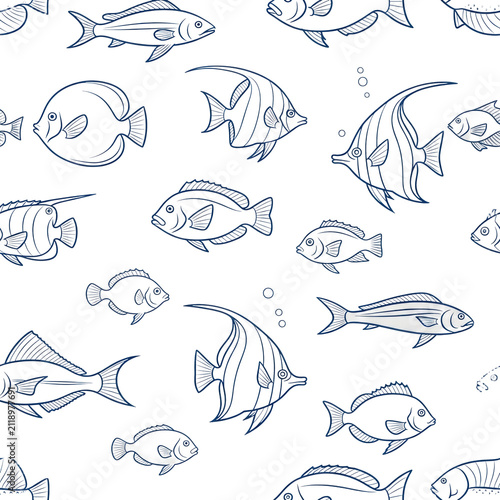 Overhead view of a seamless tileable pattern of diverse marine vector outlines against pale gray. professional flat-lay product photography. concept for graphic textile design