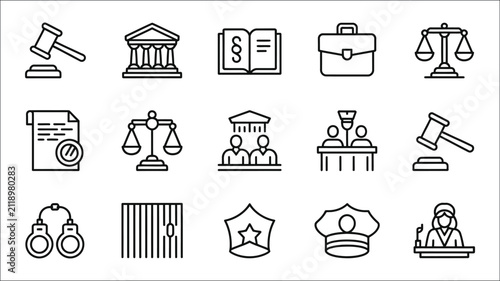 Fotografie Law and justice line icon set, editable stroke collection featuring court, legal balance, gavel, judge, attorney and judiciary symbols for legal services, isolated vector illustration design concept