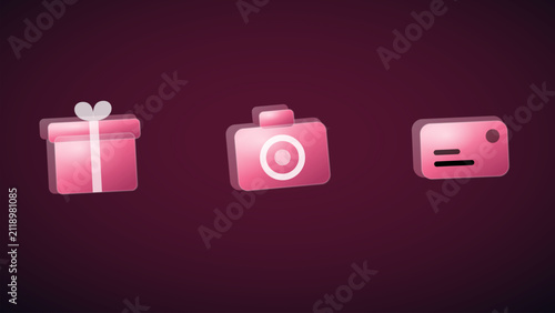 Glossy pink icons of gift, camera, and card. 3D style web symbols for UI design.