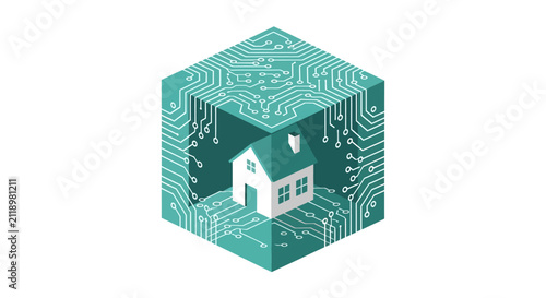 Isometric Smart Home Technology Concept: House inside a Digital Circuit Board Cube representing IoT, Home Automation, and Future Living Solutions