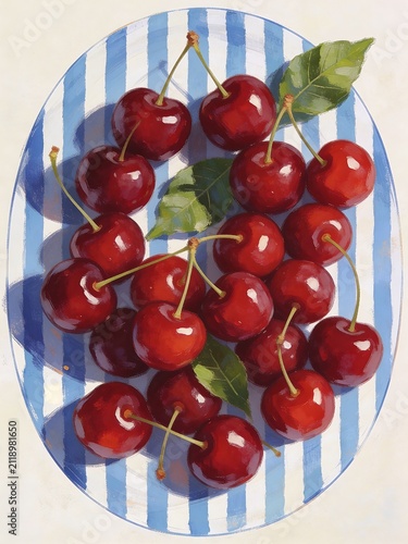 Beautiful Realistic Illustration of Fresh Ripe Red Cherries with Stems and Leaves on a Blue and White Striped Ceramic Plate, Top View Still Life
