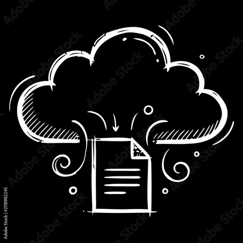 Cloud Document Download Service with File Retrieval Hand Drawn Chalkboard Style Illustration Showing Online Storage Data Access Secure Cloud Computing and Digital File Management
