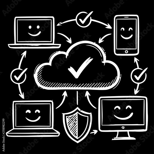 Cloud Collaboration Network with Connected Devices Hand Drawn Chalkboard Style Illustration Showing Secure Teamwork Data Sharing Protected Cloud Storage and Digital Communication