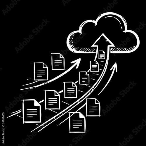 Multiple Documents Upload to Cloud Storage Hand Drawn Chalkboard Style Illustration Showing Bulk File Transfer Online Backup Digital Archive and Cloud Computing Workflow