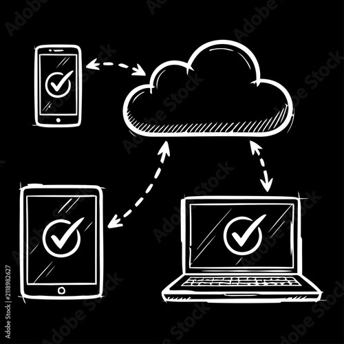 Secure Cloud Connection Between Mobile Tablet and Laptop Hand Drawn Chalkboard Style Illustration Representing Protected Data Synchronization Cross Platform Storage and Cloud Computing