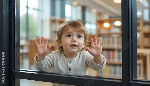 Young Child Looking Through Glass Window in Modern Library Interior