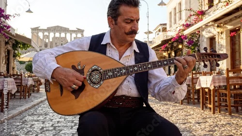 Man playing traditional Greek bouzouki instrument on cobblestone street