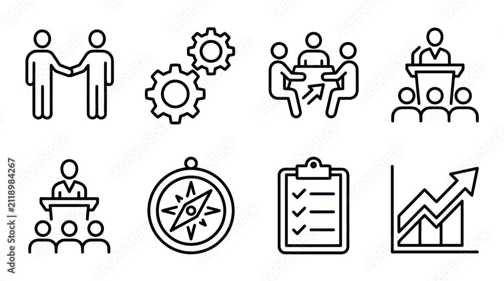Fototapeta premium Strategic leadership and business teamwork large icon set.