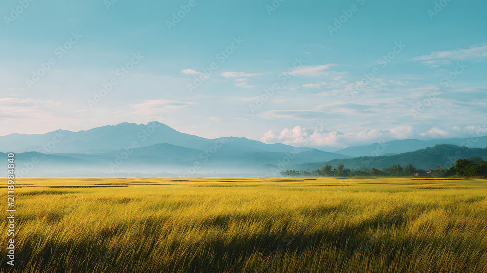 Fototapeta premium Golden Rice Fields with Mountain Landscape Under Clear Blue Sky