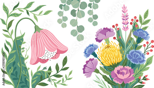 Foto Elegant botanical collection with watercolor style floral bouquet pink bellflowe