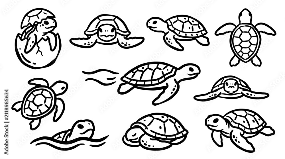 Fototapeta premium Cute sea turtle character vector icon set