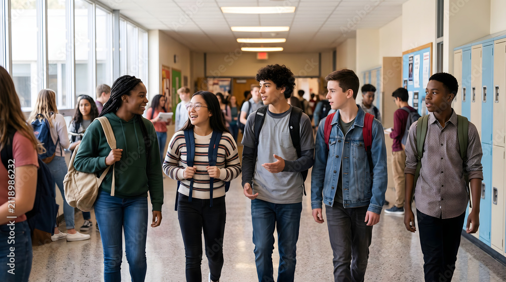 Obraz premium Diverse multi-ethnic group high school students walking down hallway with backpacks talking smiling next to blue lockers secondary education youth lifestyle background social interactions academic